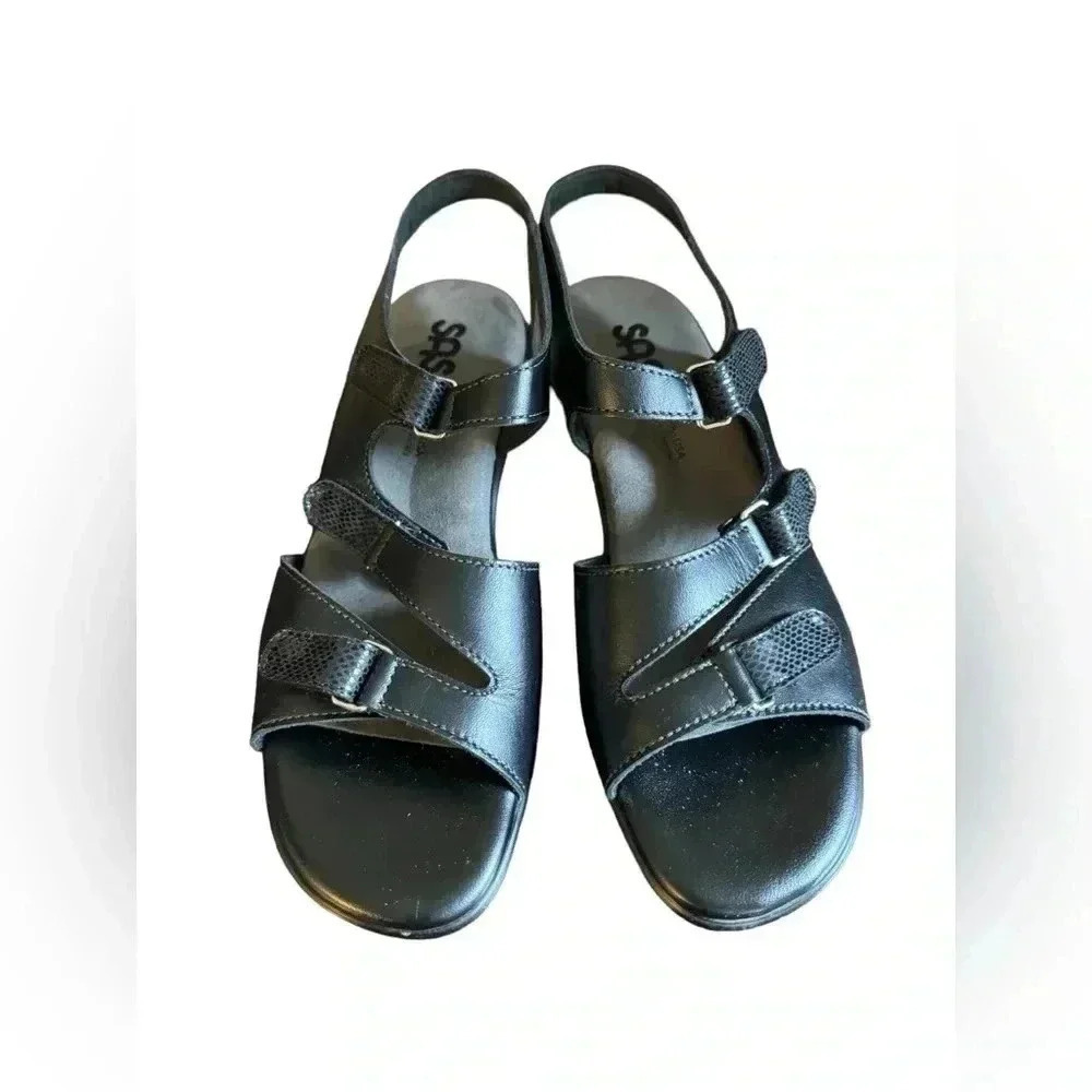 SAS Black Sandals Work Shoes Comfort Adjustable Leather Heels Extra Toe Room